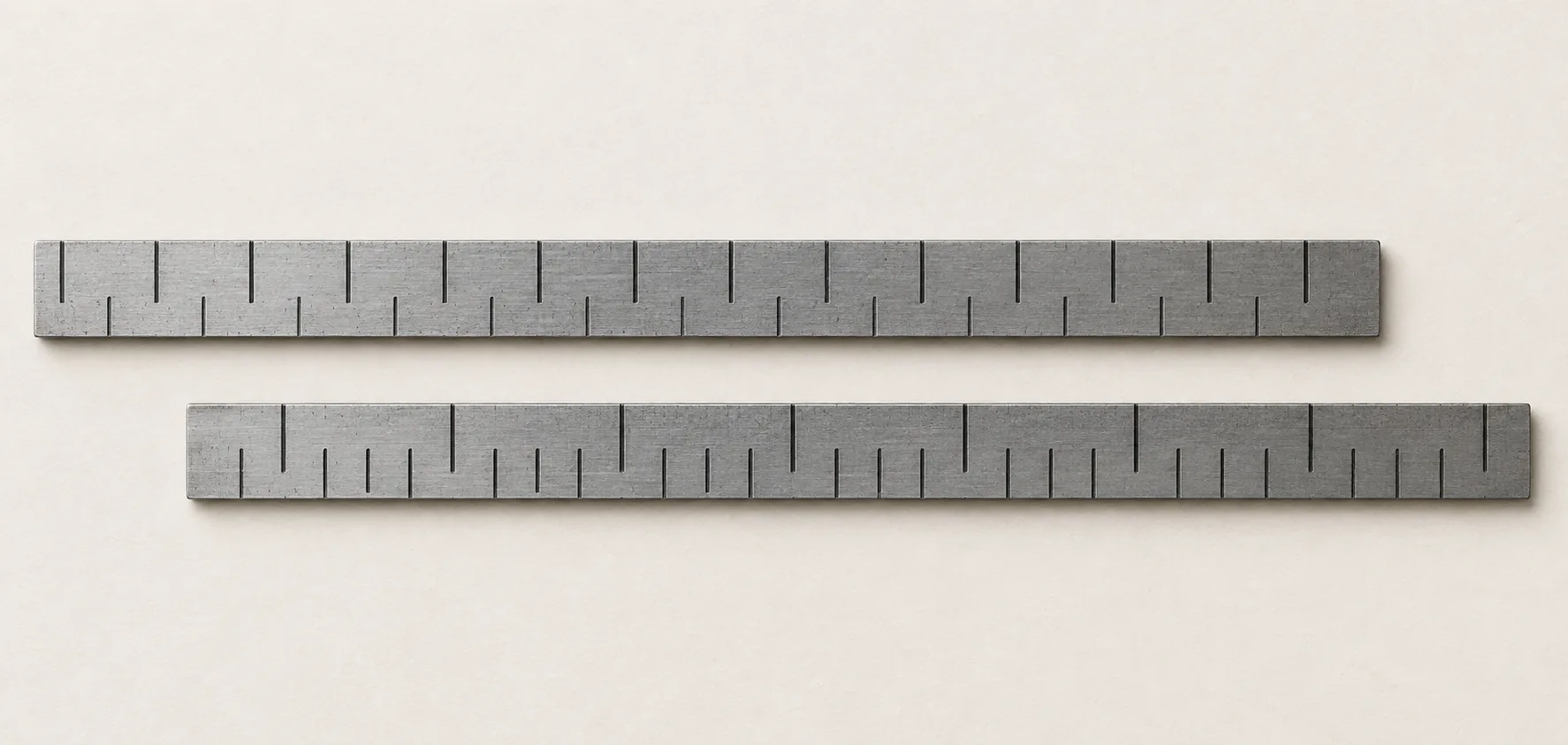 Two metal rulers laid one above the other, each with a different scale of markings.